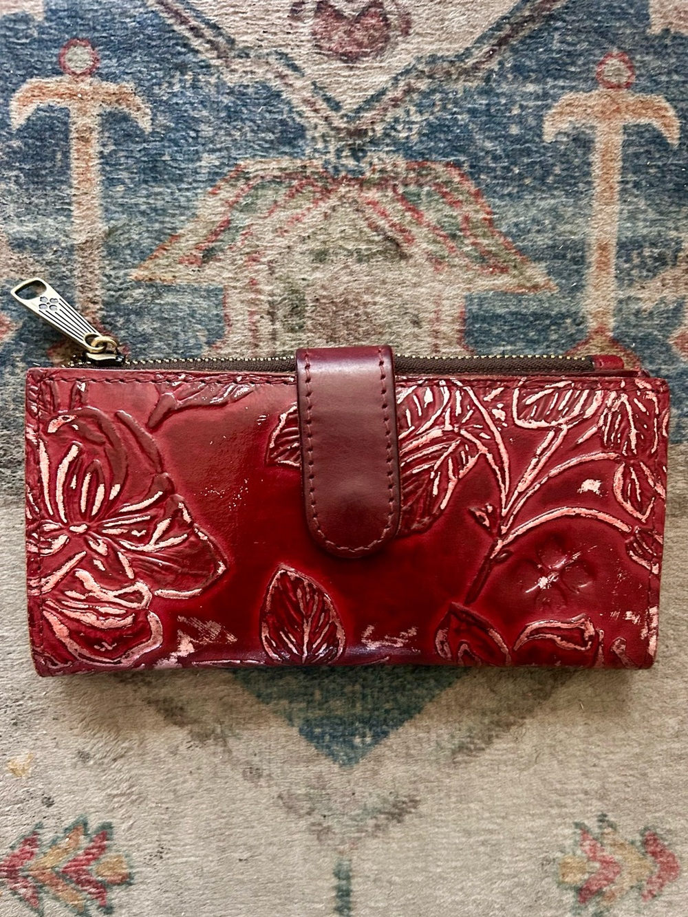 Patricia Nash Leather Wallet Embossed Floral Rustic Red & Pink Gold Hardware